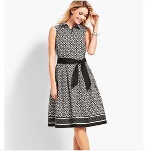 Talbots Fit Flare Shirt dress Size 10 Black Geo Diamond Sleeveless Belted Pocket